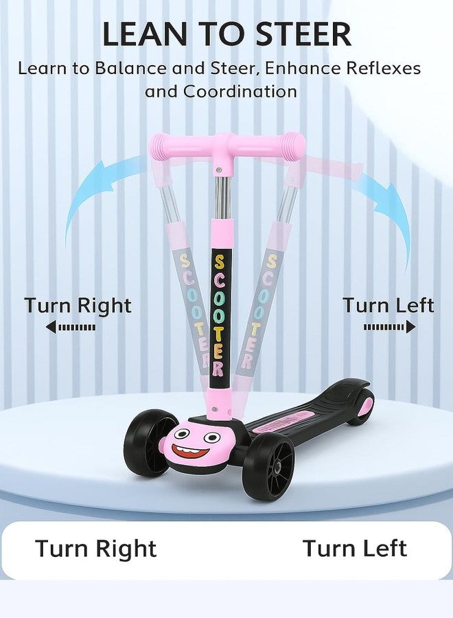 MLU Kids 3-Wheel Scooter with Flash Wheels, Adjustable Height Handlebar, Foldable Design, Cartoon Face for Boys & Girls (Pink) - Image 2